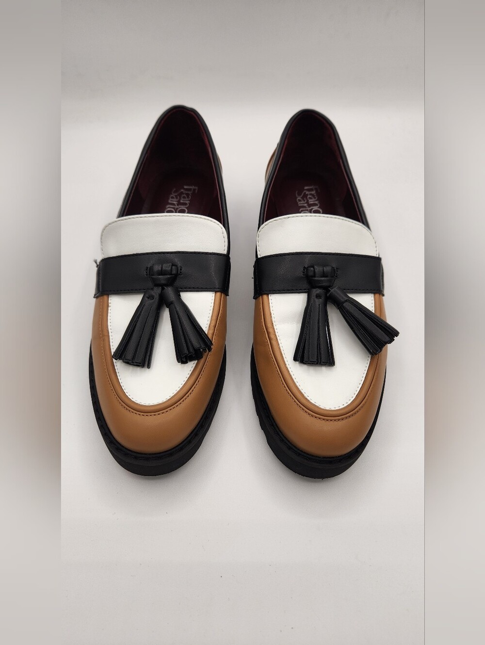 Franco Sarto Carolynn Lug Sole Tassel Loafer Colorblock White Tan Black 7.5M